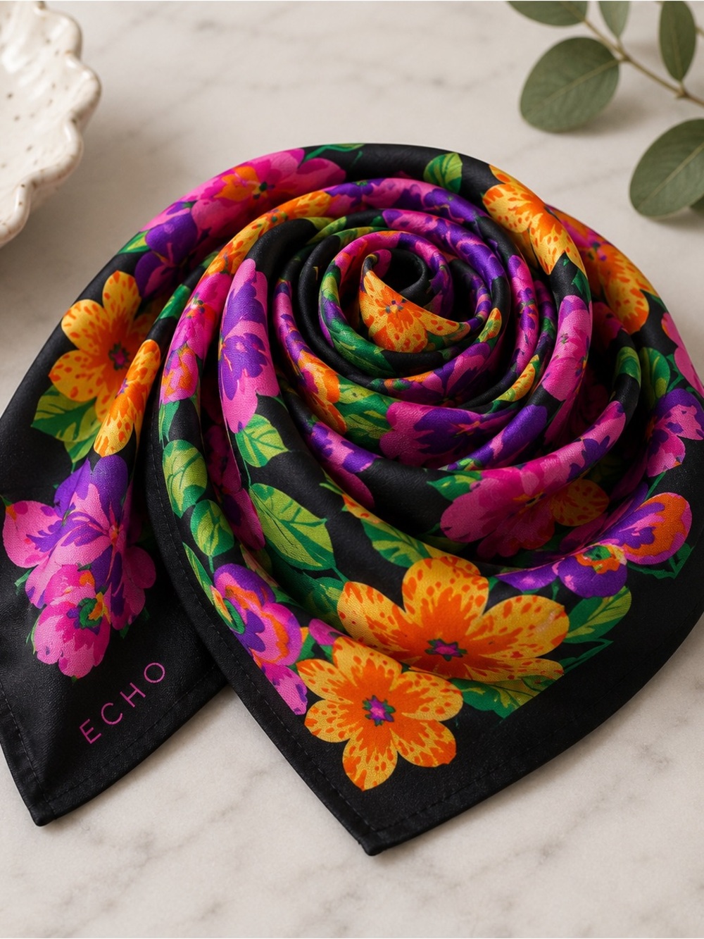 ECHO 100% Silk Floral Oblong Scarf Black Pink Purple Orange Vintage 10x54  Retro